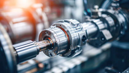 Fototapeta premium Close-up of a high-precision metal gear mechanism in an industrial or manufacturing setting with a bright light flare in the background.