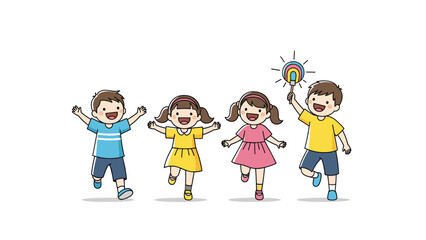Naklejka premium Group of four happy young children jumping and dancing with one boy holding a colorful lollipop in a joyful scene.