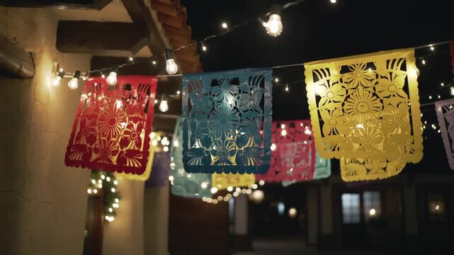 Colorful paper banners with intricate floral hanging under string lights creating festive outdoor