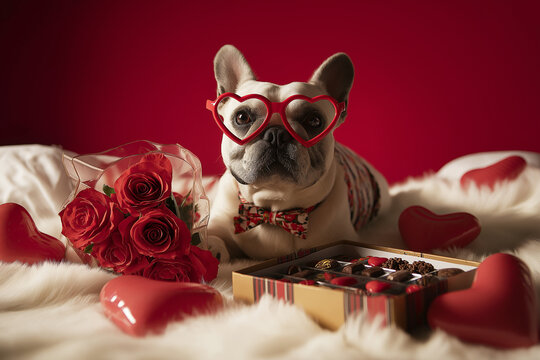 A cute French bulldog wearing heart-shaped glasses and a bow tie, surrounded by Valentine's Day gifts and decorations.