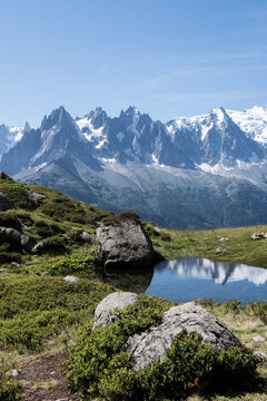 Summer Mountain Landscape with Lake Reflection &ndash; French Alps Scenic View
