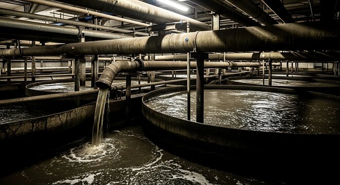 Liquid flows from pipes into industrial vats filled with murky water.