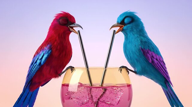 Two Colorful Birds Enjoying a Refreshing Drink Together.