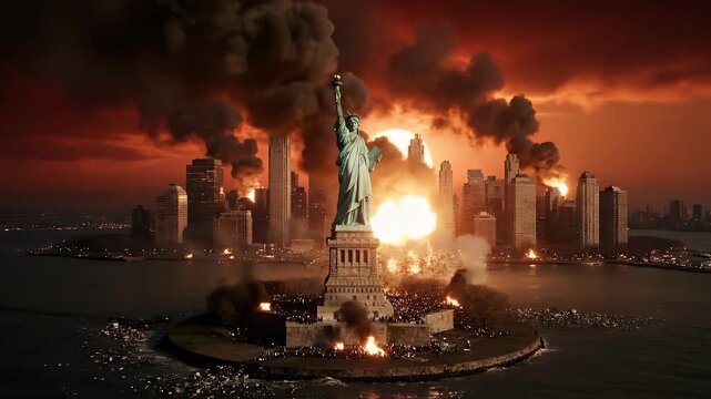 Apocalyptic New York City Statue of Liberty Burning Destruction.