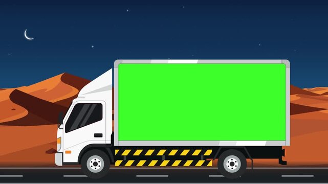 White delivery truck with green screen cargo box driving on desert road at night 4k video