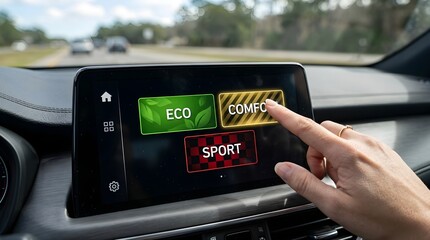 Hand selecting sport mode on car infotainment system screen while driving
