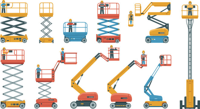 Aerial work platforms silhouettes illustration set, construction lift vector artwork, maintenance equipment design graphics, elevated access icons collection, safety symbol