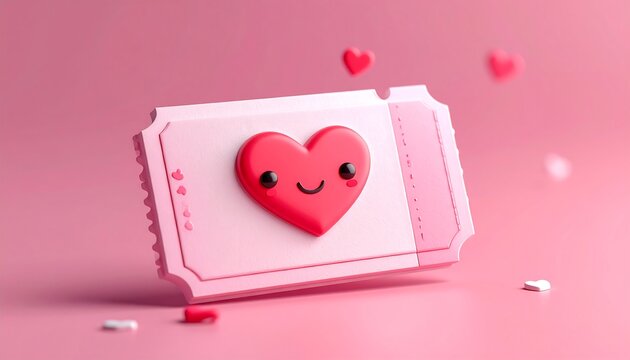 A sweet, whimsical image showcases a pink, ticket-shaped item with a 3D red heart. Small hearts float. Pastel and soft tones