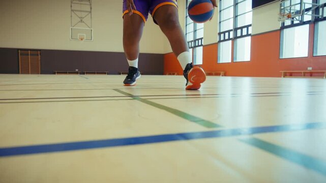 Basketball player dribbling on a court