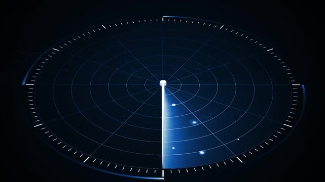 Futuristic digital radar interface data detection and monitoring technology. Blue scanning beam over grid display represents cybersecurity, surveillance systems, advanced digital tracking concepts.