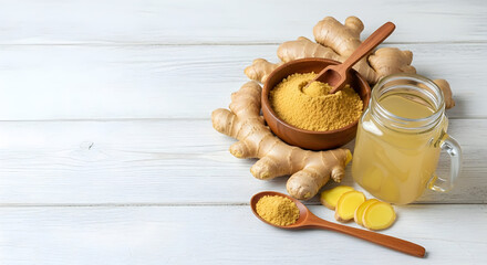 Ginger products on white wooden surface with copy space.