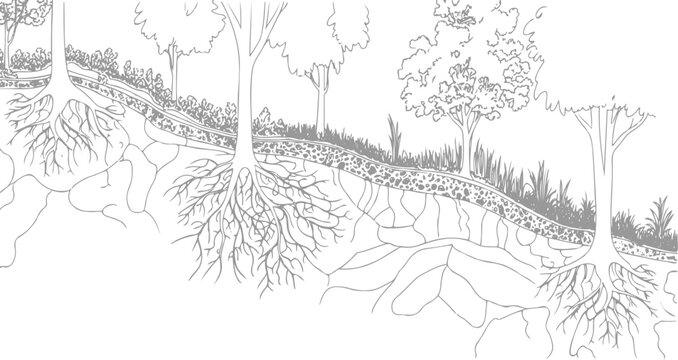 Cross section of trees showing extensive root systems anchoring into rocky soil and layers of earth roots
