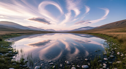 Serene Lake Reflection - A Tranquil Landscape with Dramatic Sky.