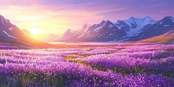 Bela paisagem panor&acirc;mica de um vasto campo de flores roxas sob o brilho dourado do p&ocirc;r do sol com montanhas nevadas majestosas ao fundo.