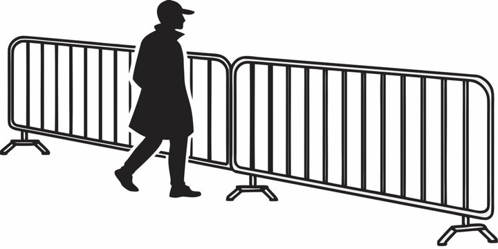 A person in a suit walking past a row of metal barricades. Vector
