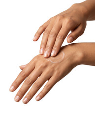 Close up of woman applying moisturizing hand cream skincare lotion on soft clean background