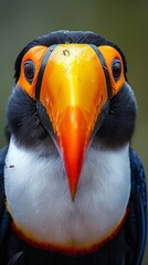 Fototapeta premium Close view of a toucan featuring a prominent orange beak and black and white feathers, highlighting the texture and colors of its plumage in a natural setting