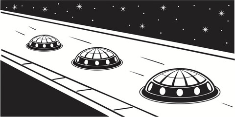 Three futuristic flying saucers hovering above a futuristic city at night. Vector © Abu