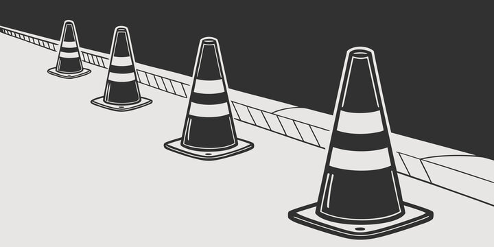 A series of traffic cones lined up on the side of a road. Vector