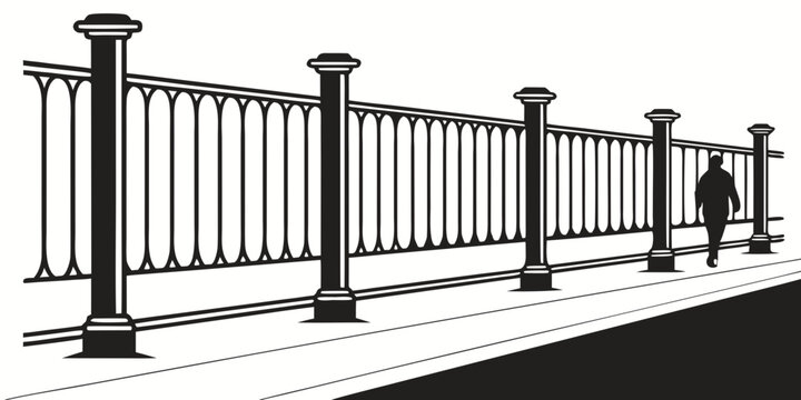 A detailed illustration of a black metal fence with vertical bars and horizontal rails Vector