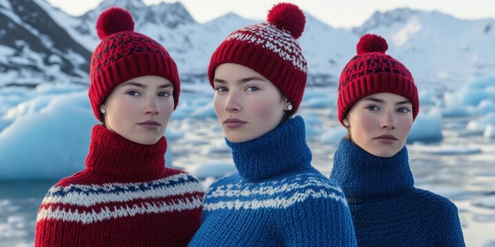Tr&ecirc;s mulheres jovens usando gorros vermelhos e su&eacute;teres de l&atilde; em uma paisagem gelada com icebergs e montanhas cobertas de neve ao fundo no &Aacute;rtico.