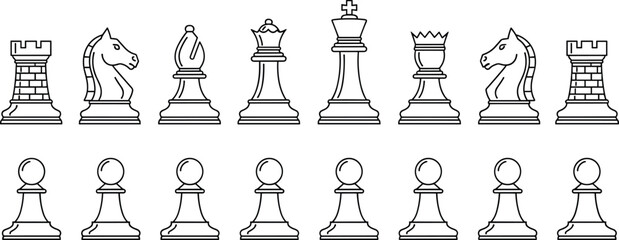Professional chess pieces line icon set, strategy and logic game elements, king queen knight and pawn silhouettes isolated on white background. © Atik