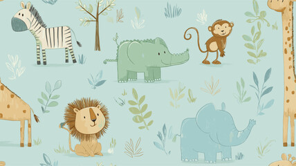 Fototapeta premium Safari animals pattern with giraffes, elephants, and lions on a light blue background. Cute cartoon jungle animals seamless pattern