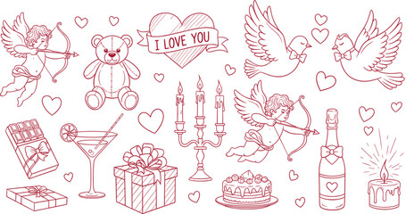 Valentines Day Hand Drawn Doodle Set with Cupid, Hearts, Gifts, Champagne and Romantic Line Art Elements