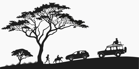 Silhouette of animals and a safari vehicle under a large acacia tree in the savanna. Vector © Abu
