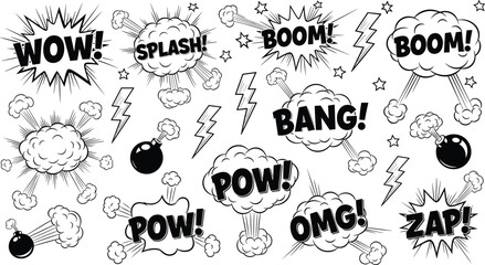 Comic Book Explosion Sound Effects with Boom Bang Pow Wow Zap Vector Illustration Set © MdNipon