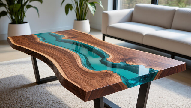 Contemporary Live Edge Wood and Blue Epoxy Resin River Coffee Table