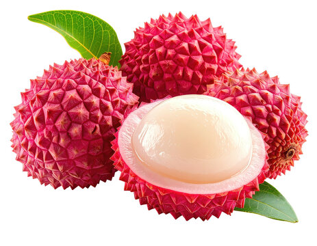 Vibrant pink lychee fruits, one peeled revealing translucent flesh