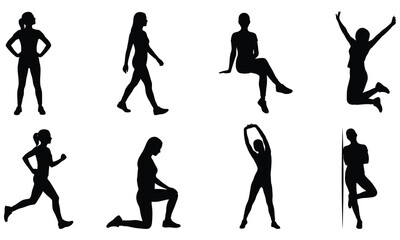 Fototapeta premium Woman Pose Silhouette Set Vector — Female Standing Walking Sitting Position Collection Black Isolated Clipart