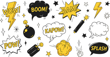 Comic Book Explosion Elements with Boom Wow Bang Pow Speech Bubbles Vector Illustration Set © MdNipon