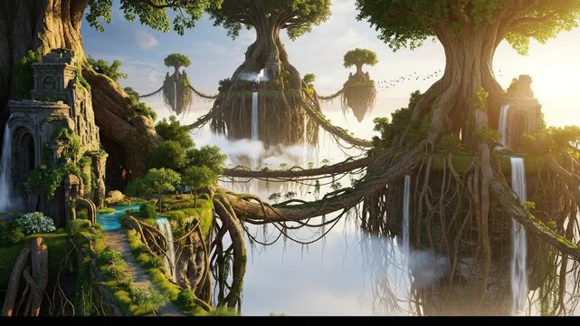 Enchanting Floating Islands with Lush Greenery and Cascading Waterfalls in a Fantasy Landscape.