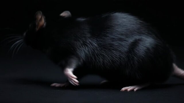 A large, black rodent with shiny fur and white paws stands on a dark surface, facing left