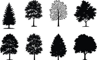 Tree silhouettes illustration set, diverse foliage vector artwork, forest landscape design graphics, botanical icons collection, natural environment symbol