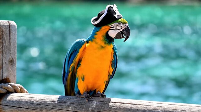 Blue and yellow macaw parrot wearing pirate hat by turquoise water