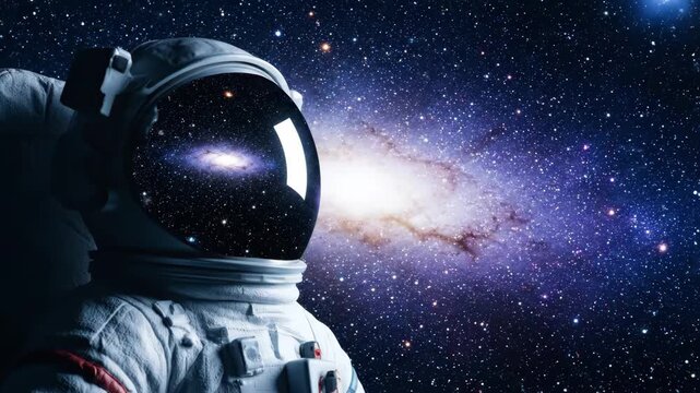 Astronaut in outer space observing a distant galaxy. The universe and stars are reflected in the helmet visor for a science fiction or exploration concept banner
