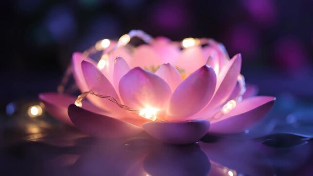 A serene pink lotus lamp decorated with glowing fairy lights on a reflective surface. An aromatherapy diffuser releases fragrant smoke for meditation and mindfulness