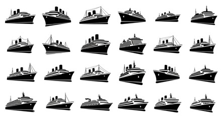 Collection of various black and white cruise ship illustrations, perfect for travel and maritime themes. © Tama