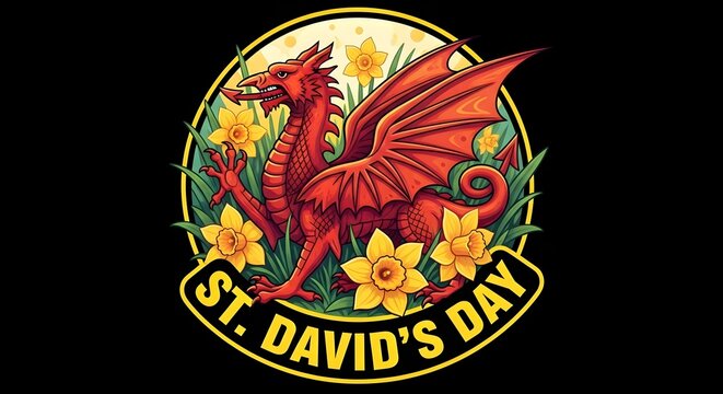 St David's day logo with red dragon and daffodils