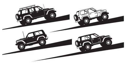 Four off-road vehicles driving in a row on a dirt track Vector © Lap