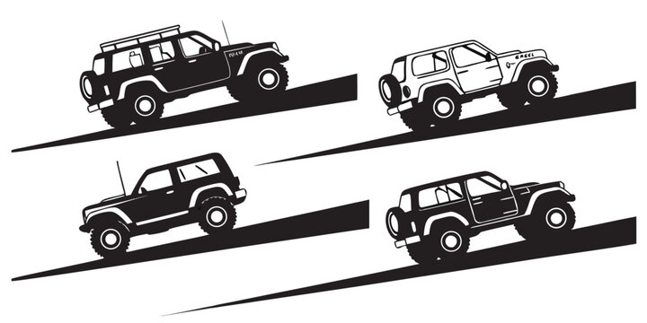 Four off-road vehicles driving in a row on a dirt track Vector