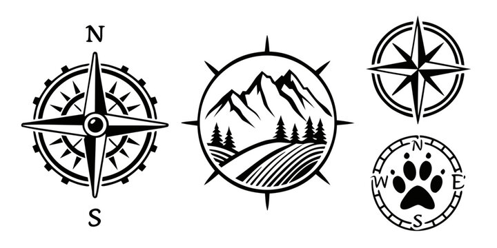A collection of compasses and a paw print in a circular arrangement Vector