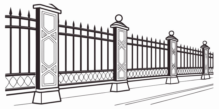 A detailed illustration of a long, ornate metal fence with intricate designs. Vector