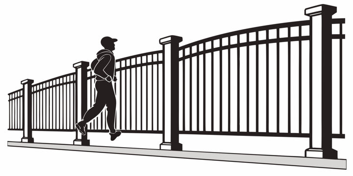 A person walking through a large metal gate in a modern urban setting Vector