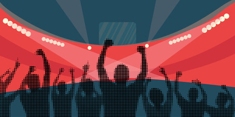 Faceless crowd of cheering sports fans at stadium, dynamic silhouettes in halftone style © Victoriya