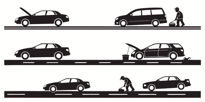 A series of images depicting the evolution of car safety features over time. Vector