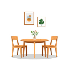 Fototapeta premium Cozy Dining Set: Round Wooden Table, Chairs, and Wall Art